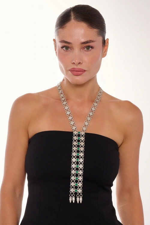 Kiraz Tie Green Stoned Silver Plated Necklace