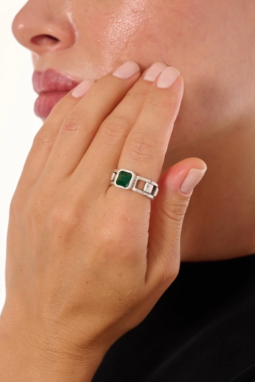 Kiraz Emerald Crystal Stoned Silver Plated Ring