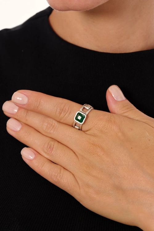 Kiraz Emerald Crystal Stoned Silver Plated Ring
