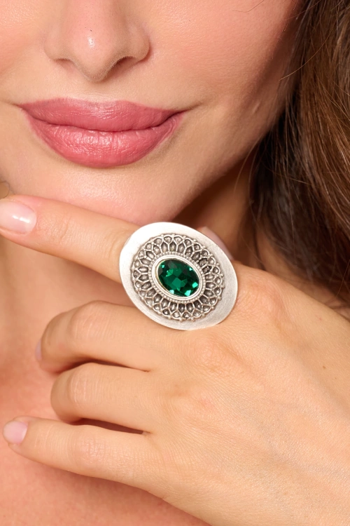 Kiraz Emerald Crystal Stoned Silver Plated Ring