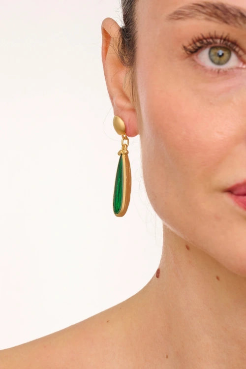 Kiraz Green Enameled Gold Plated Earring