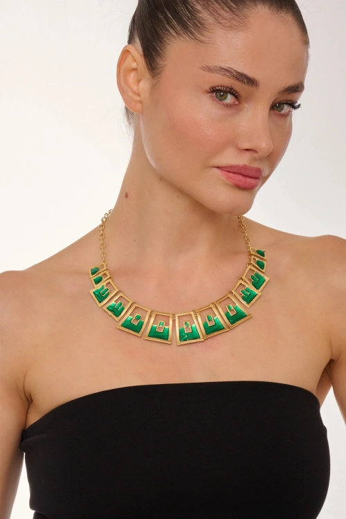 Kiraz Green Enameled Gold Plated Necklace