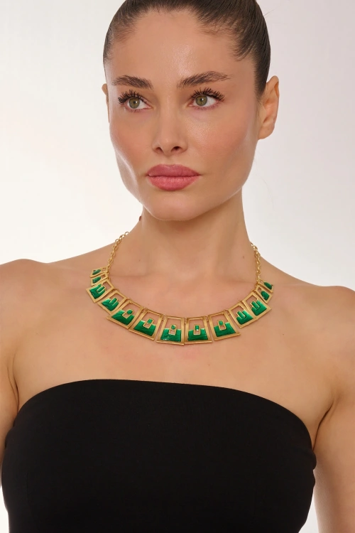 Kiraz Green Enameled Gold Plated Necklace