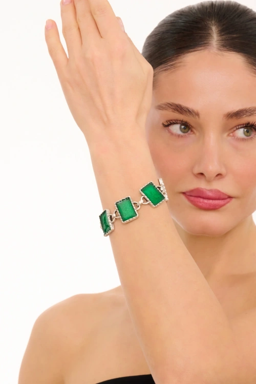 Kiraz Green Enameled Silver Plated Bracelet