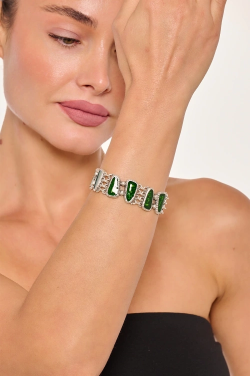 Kiraz Green Enameled Silver Plated Bracelet