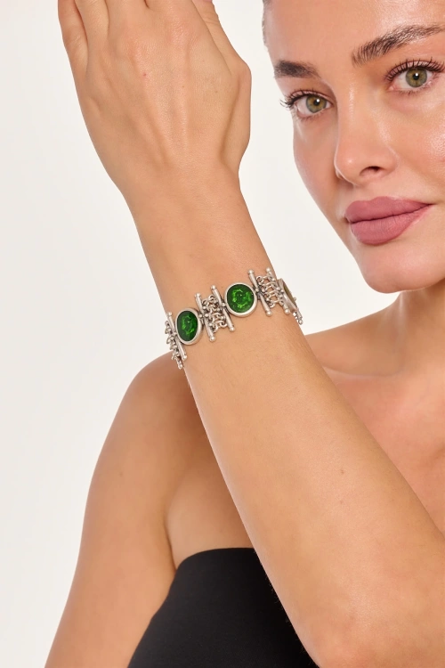 Kiraz Green Enameled Silver Plated Bracelet