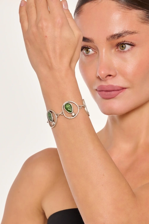 Kiraz Green Enameled Silver Plated Bracelet