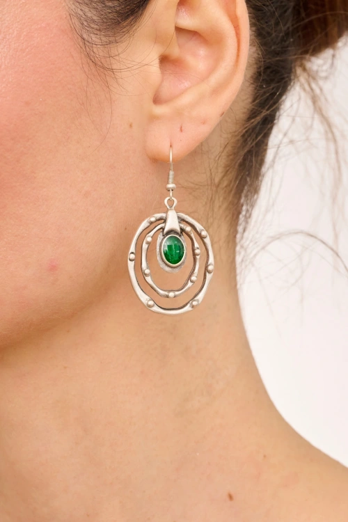 Kiraz Green Enameled Silver Plated Earring