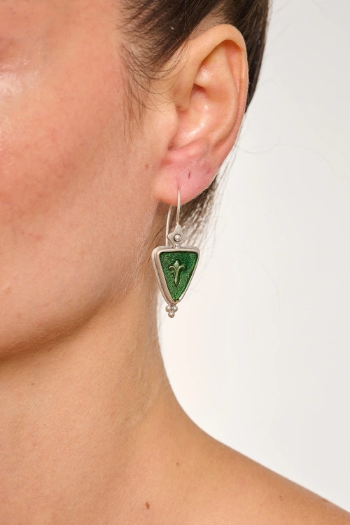 Kiraz Green Enameled Silver Plated Earring