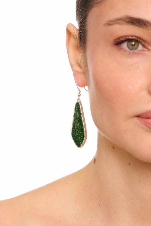 Kiraz Green Enameled Silver Plated Earring