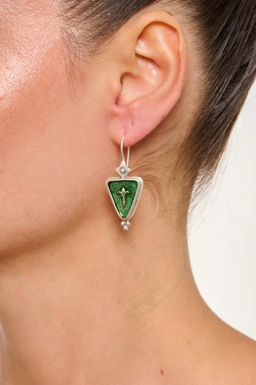 Kiraz Green Enameled Silver Plated Earring