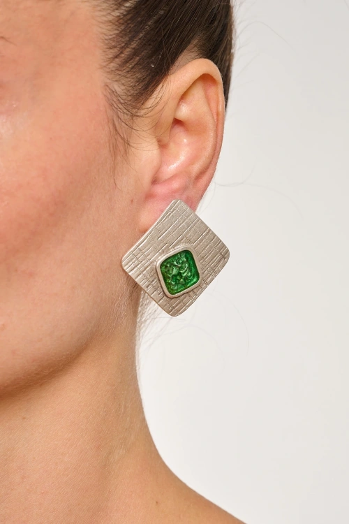 Kiraz Green Enameled Silver Plated Earring