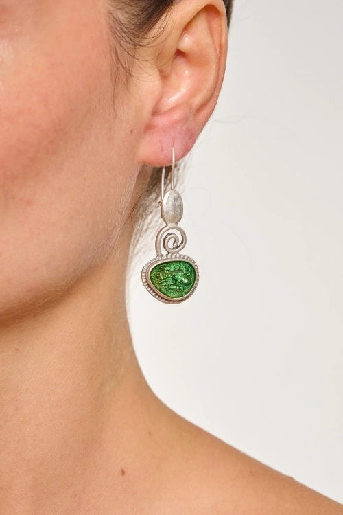 Kiraz Green Enameled Silver Plated Earring