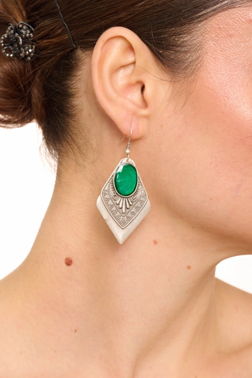 Kiraz Green Enameled Silver Plated Earring