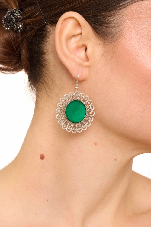 Kiraz Green Enameled Silver Plated Earring
