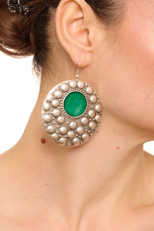 Kiraz Green Enameled Silver Plated Earring