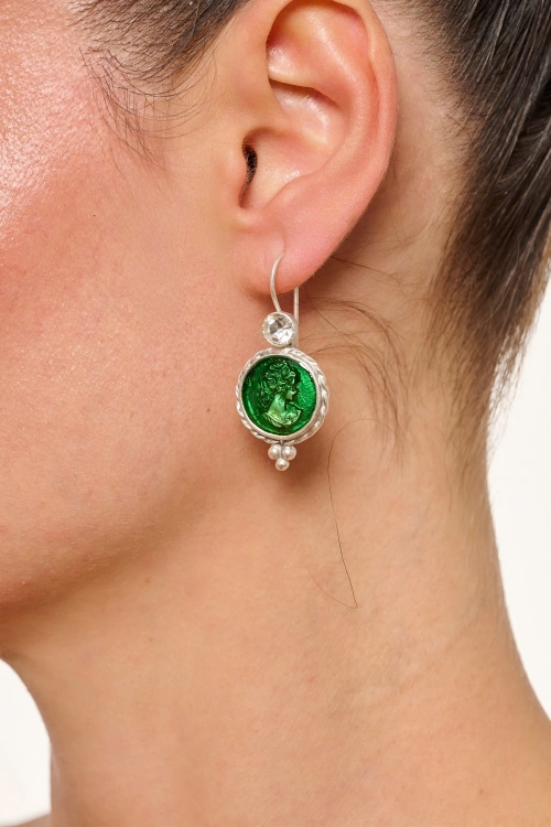 Kiraz Green Enameled Silver Plated Earring