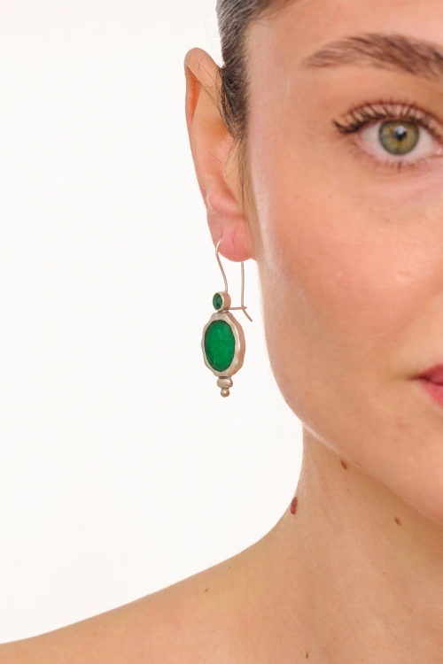 Kiraz Green Enameled Silver Plated Earring
