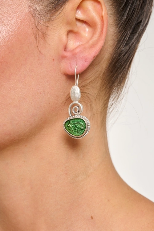 Kiraz Green Enameled Silver Plated Earring