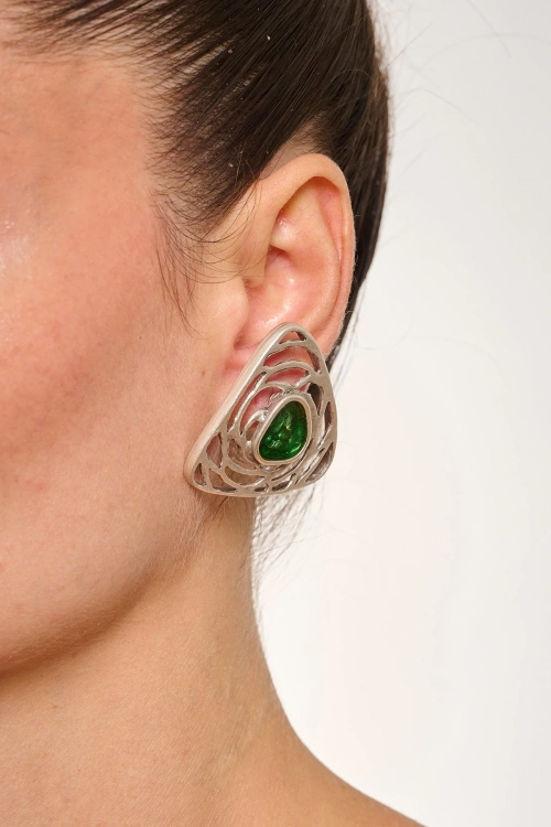 Kiraz Green Enameled Silver Plated Triangle Earring