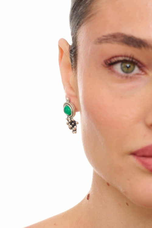 Kiraz Green Stoned Silver Plated Earring