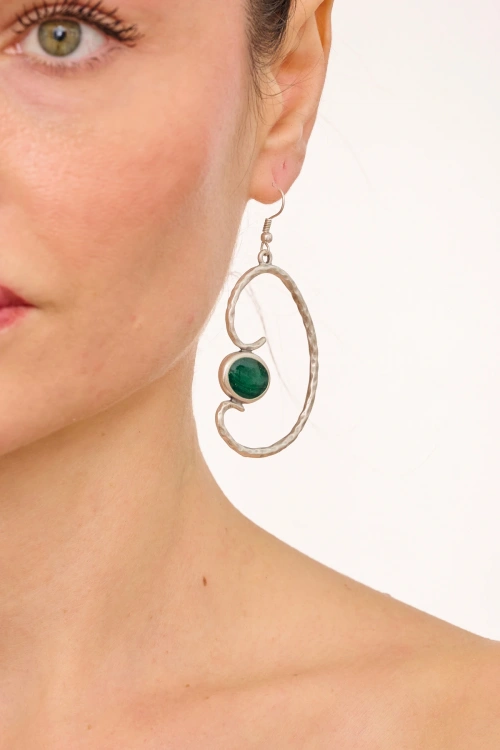 Kiraz Green Enameled Silver Plated Earring