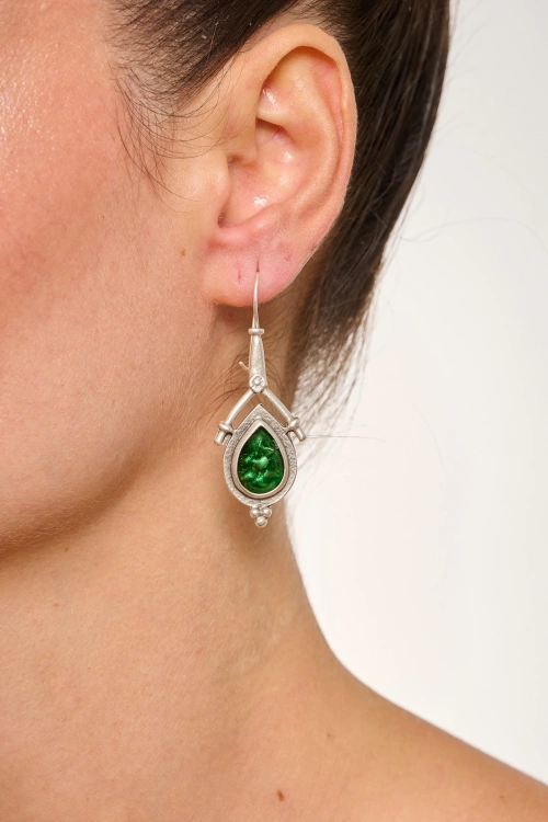 Kiraz Green Enameled Silver Plated Earring