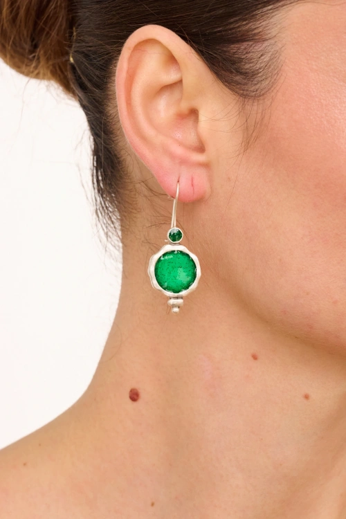 Kiraz Green Enameled Silver Plated Earring