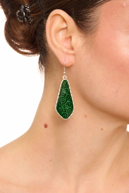 Kiraz Green Enameled Silver Plated Earring