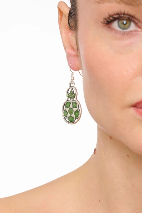 Kiraz Green Enameled Silver Plated Earring