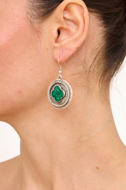Kiraz Green Enameled Silver Plated Earring