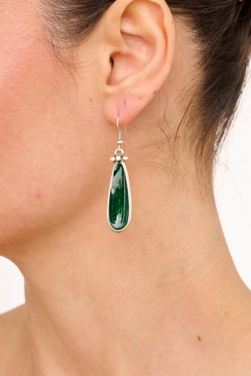 Kiraz Green Enameled Silver Plated Earring