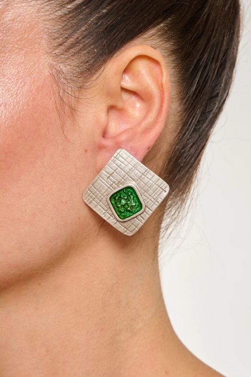 Kiraz Green Enameled Silver Plated Earring