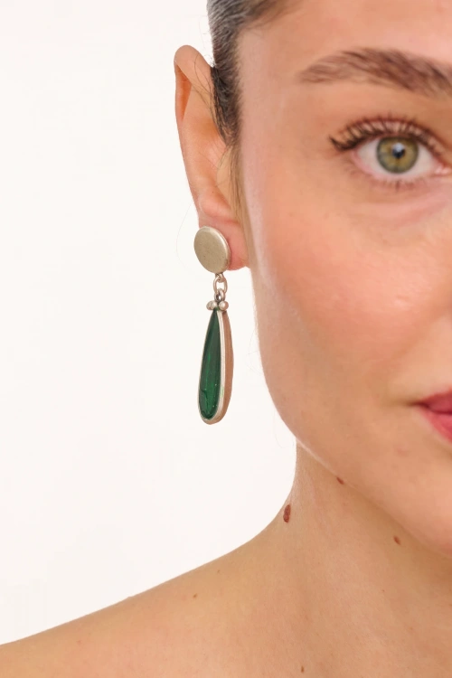 Kiraz Green Enameled Silver Plated Earring