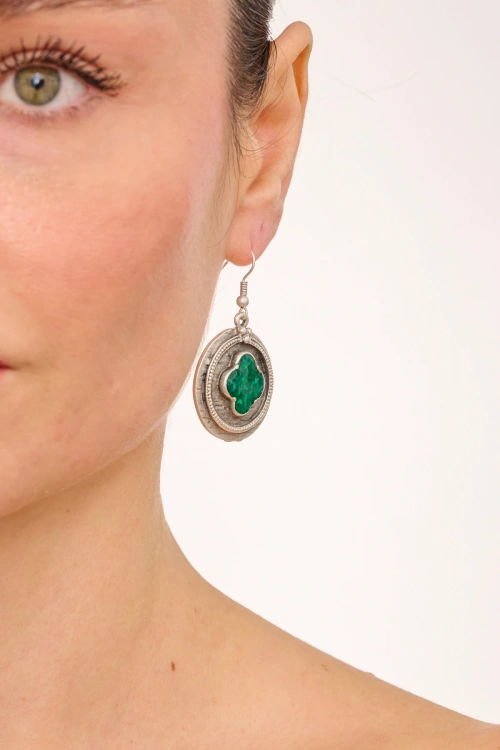 Kiraz Green Enameled Silver Plated Earring