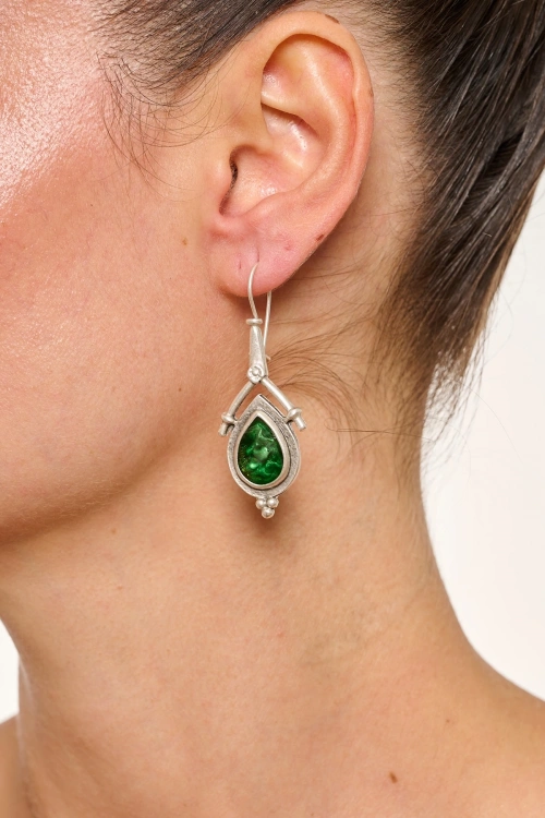 Kiraz Green Enameled Silver Plated Earring