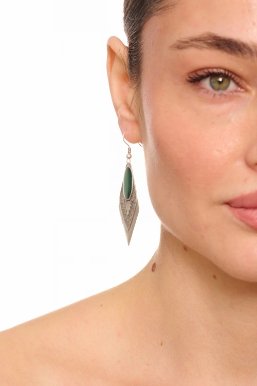 Kiraz Green Enameled Silver Plated Earring
