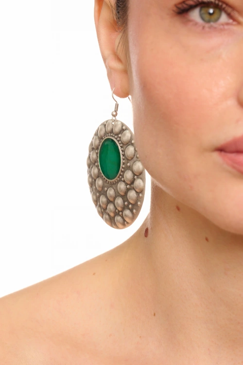 Kiraz Green Enameled Silver Plated Earring