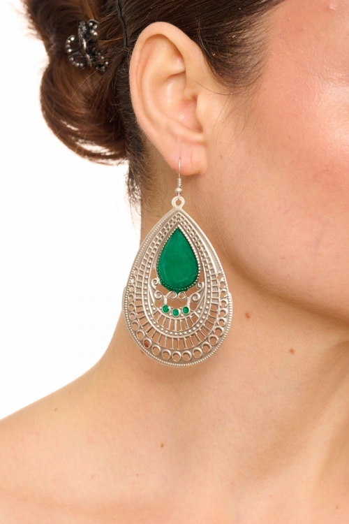 Kiraz Green Enameled Silver Plated Earring