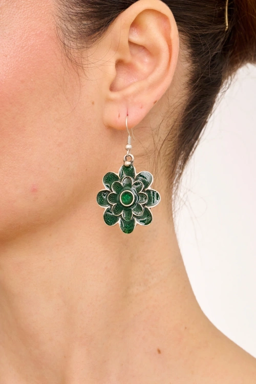 Kiraz Green Enameled Silver Plated Flower Earring