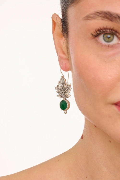 Kiraz Green Enameled Silver Plated Leaf Earring
