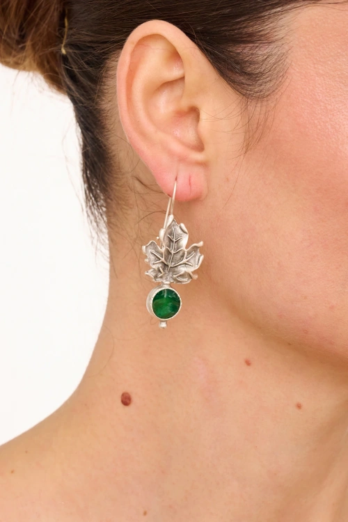 Kiraz Green Enameled Silver Plated Leaf Earring
