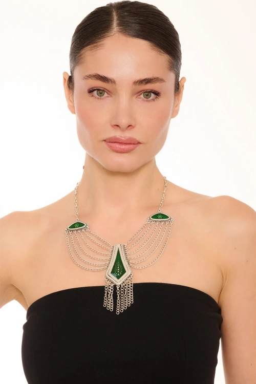 Kiraz Green Enameled Silver Plated Necklace