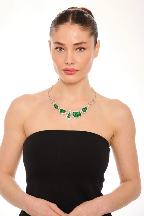 Kiraz Green Enameled Silver Plated Necklace