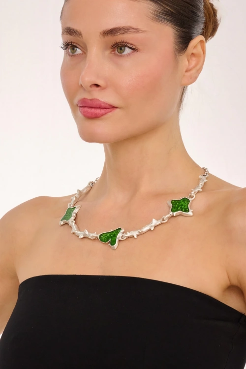 Kiraz Green Enameled Silver Plated Necklace