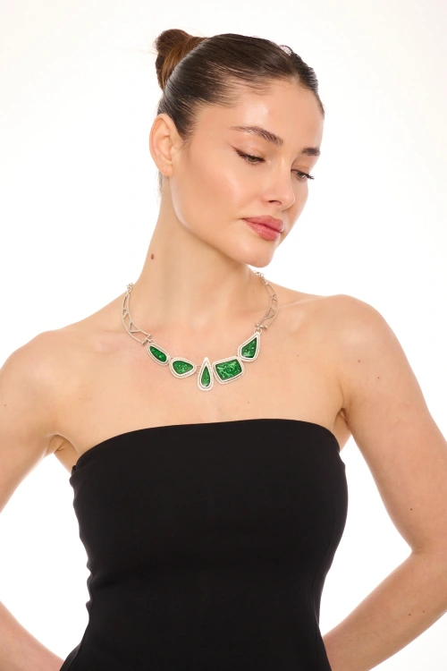 Kiraz Green Enameled Silver Plated Necklace