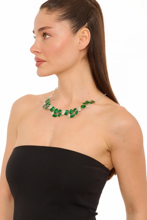 Kiraz Green Enameled Silver Plated Necklace