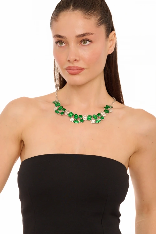 Kiraz Green Enameled Silver Plated Necklace