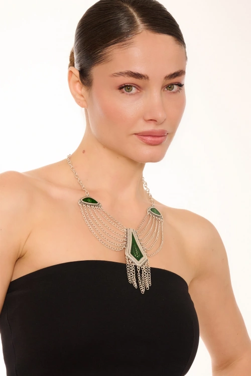 Kiraz Green Enameled Silver Plated Necklace