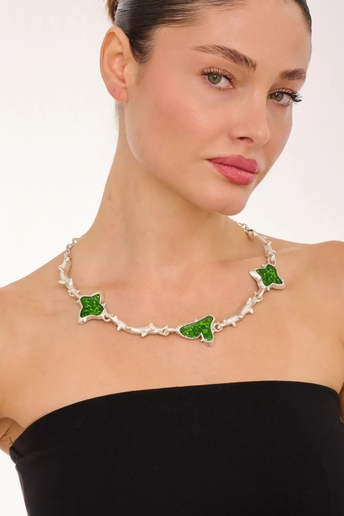 Kiraz Green Enameled Silver Plated Necklace